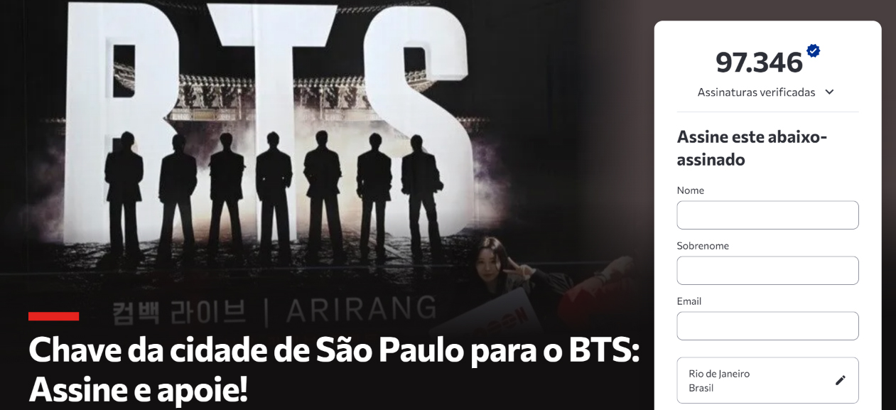 97 mil fãs assinam abaixo-assinado para BTS ganhar chave de São Paulo